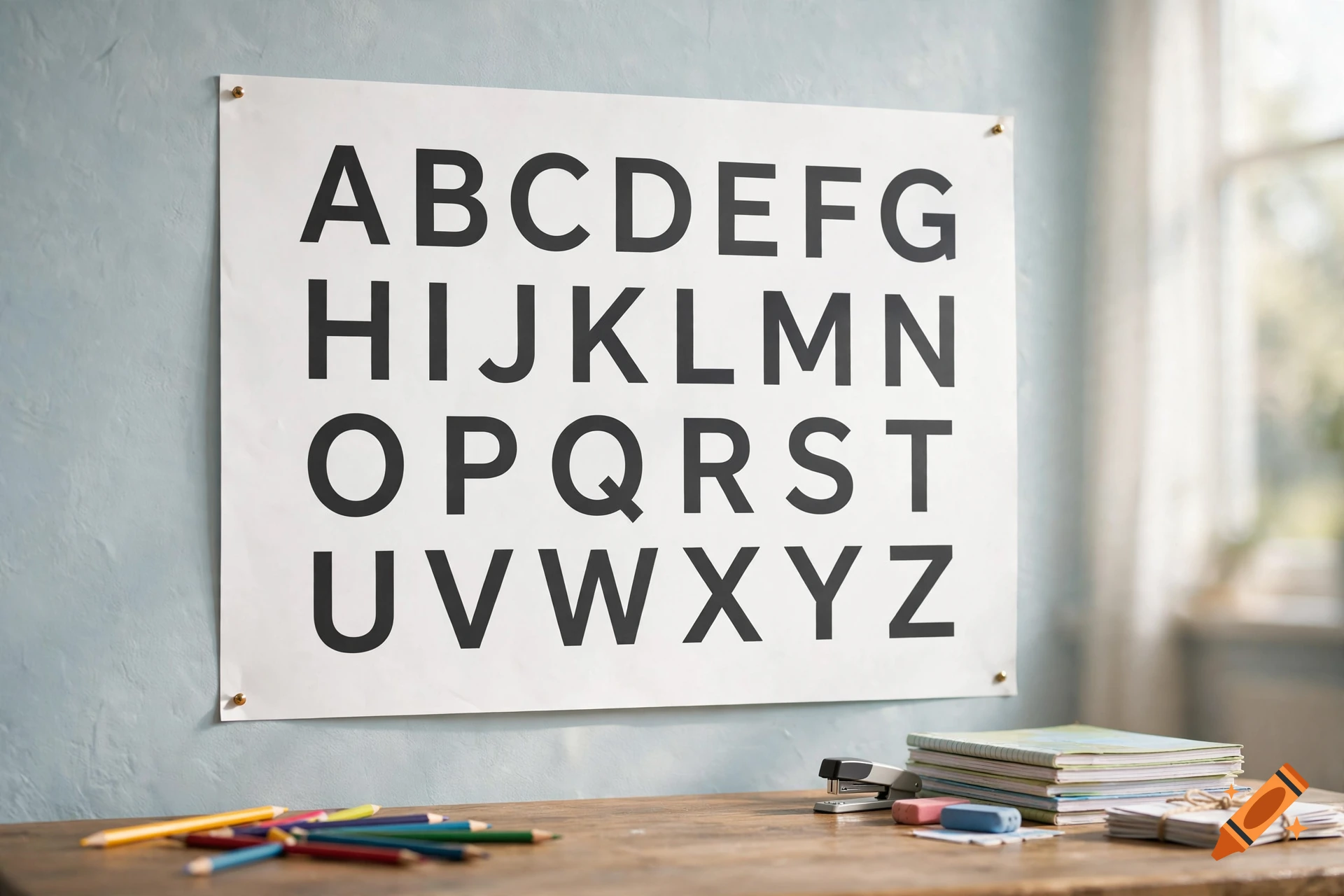 An alphabet poster pinned to a light blue wall above a wooden desk with colored pencils and notebooks.