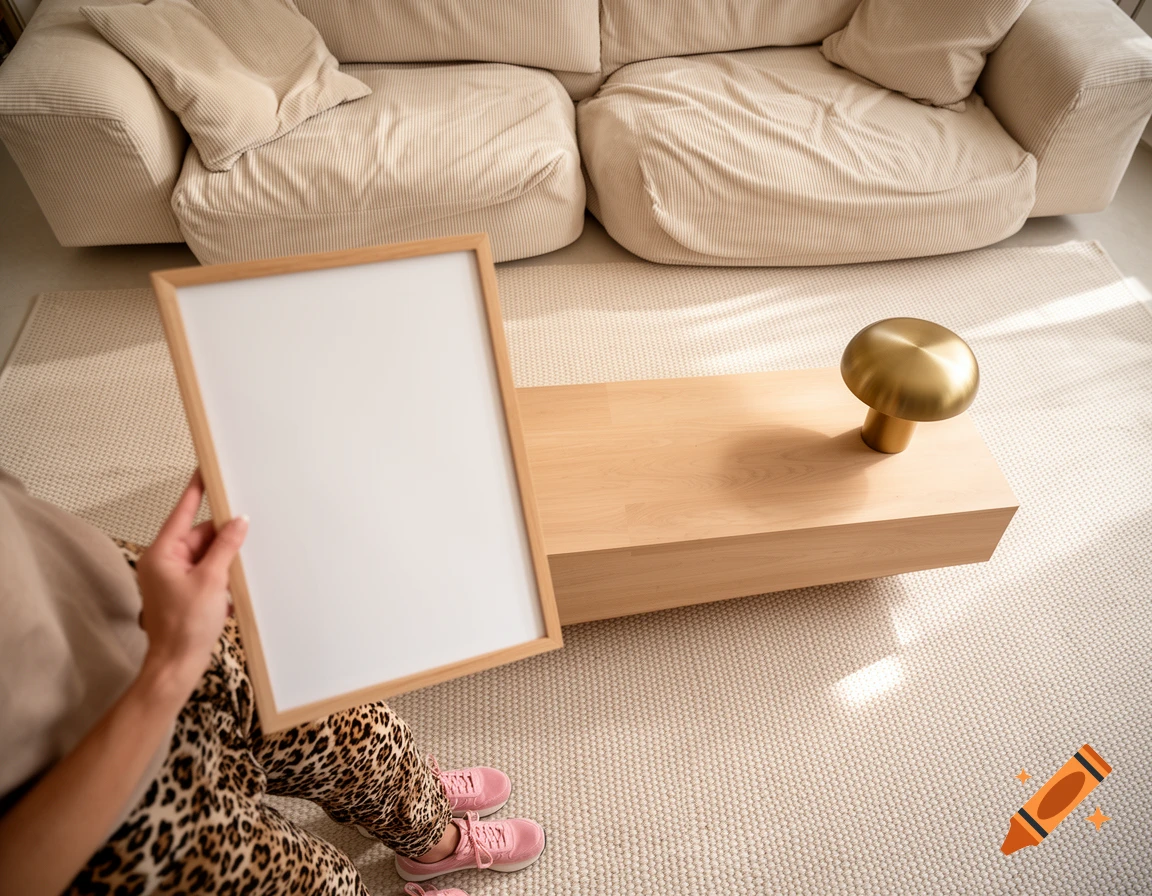 High-angle photo of a person holding a blank picture frame in a stylish living room with a beige sofa and coffee table.