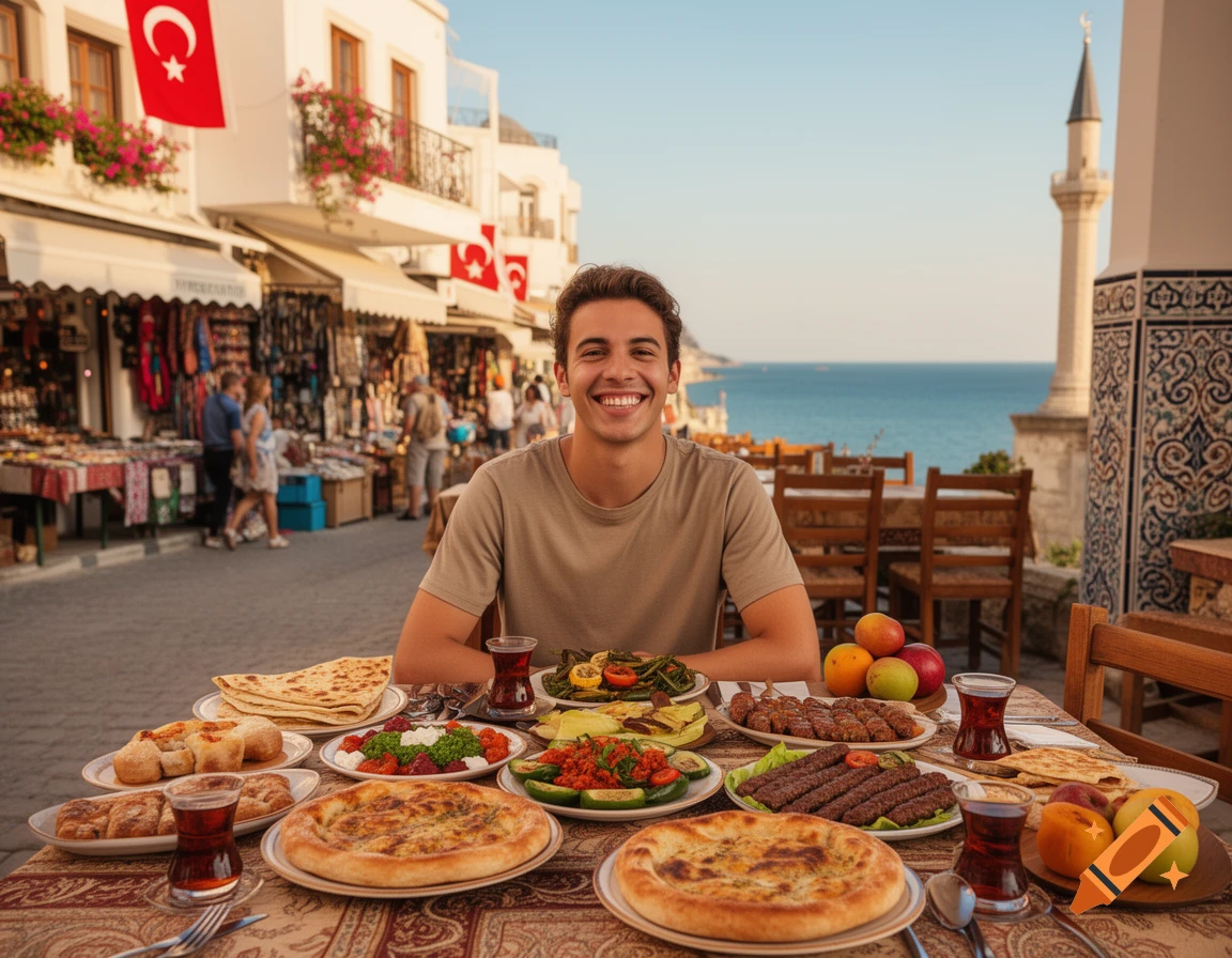 Photorealistic image of a smiling young man sitting at an outdoor restaurant table laden with Turkish dishes, with a coastal town and sea in the background.