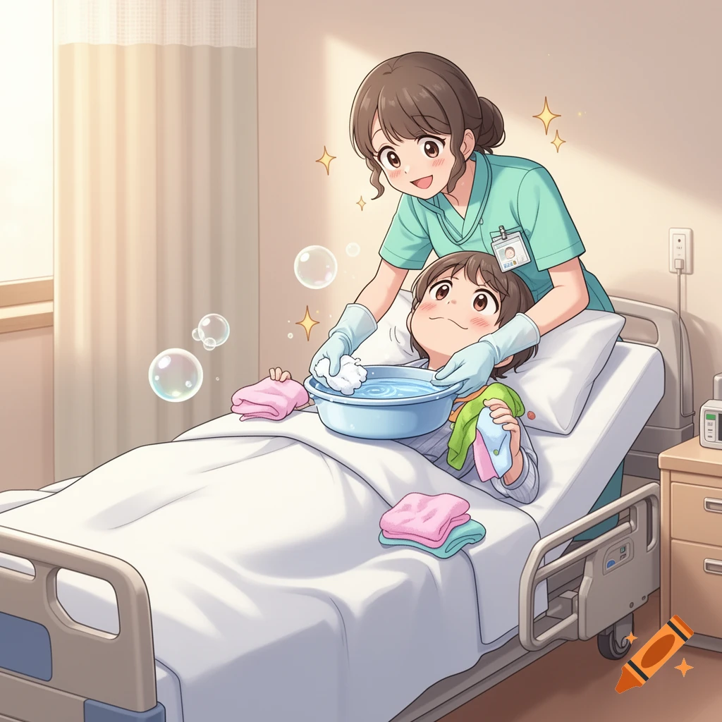 Anime style illustration of a nurse helping a smiling patient wash up in a hospital bed with a basin of water and bubbles.