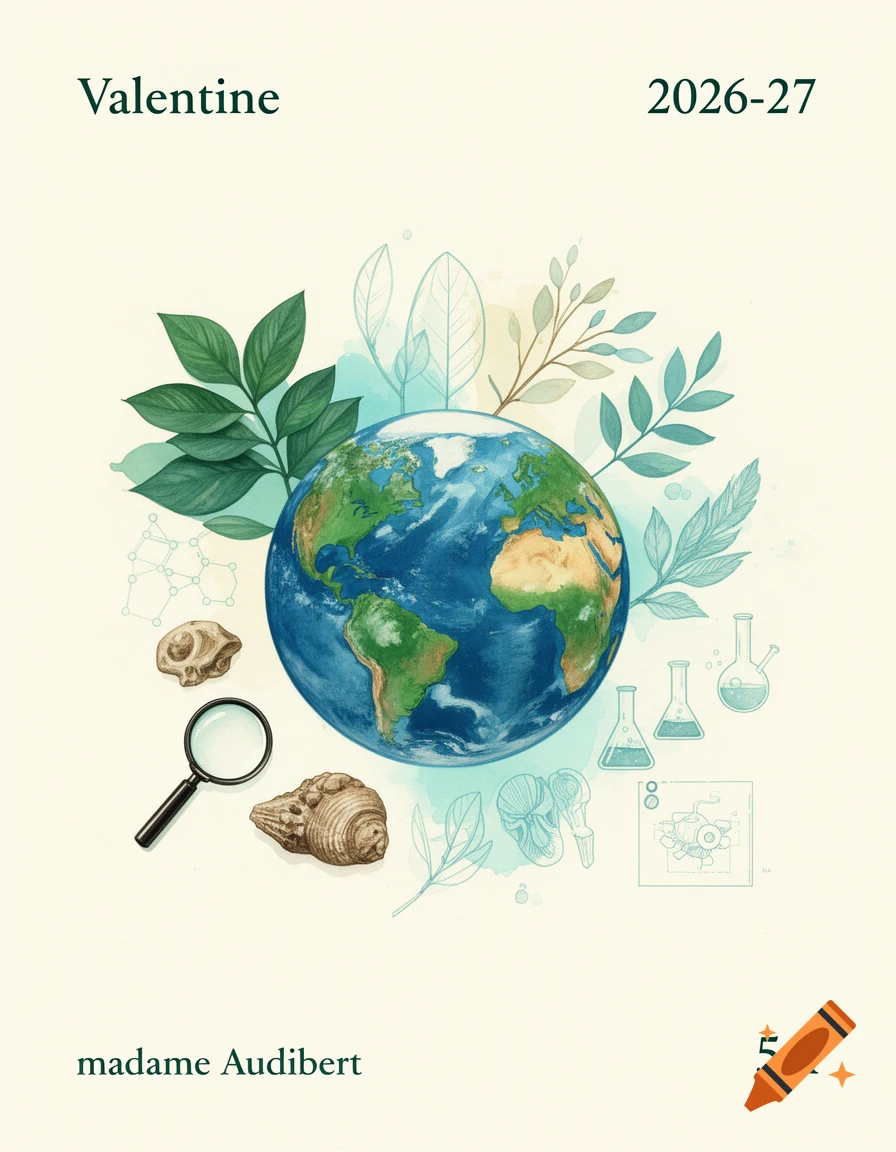 Watercolor illustration of Earth surrounded by leaves, science equipment, and text reading Valentine 2026-27, madame Audibert, and 5A.