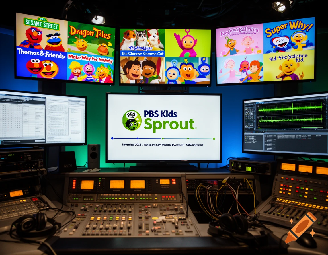 Control room with multiple monitors displaying children's television show logos and audio mixing boards.