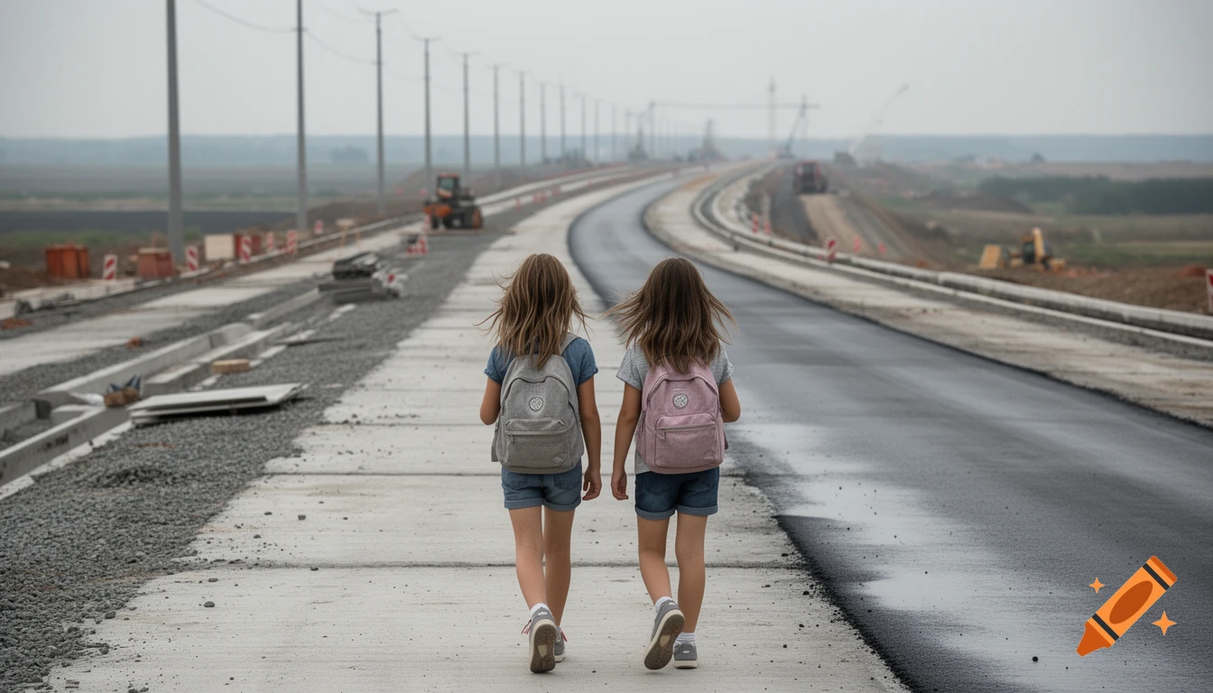 Two young girls with backpacks walking away from the camera down a long curving unfinished highway, photorealistic.