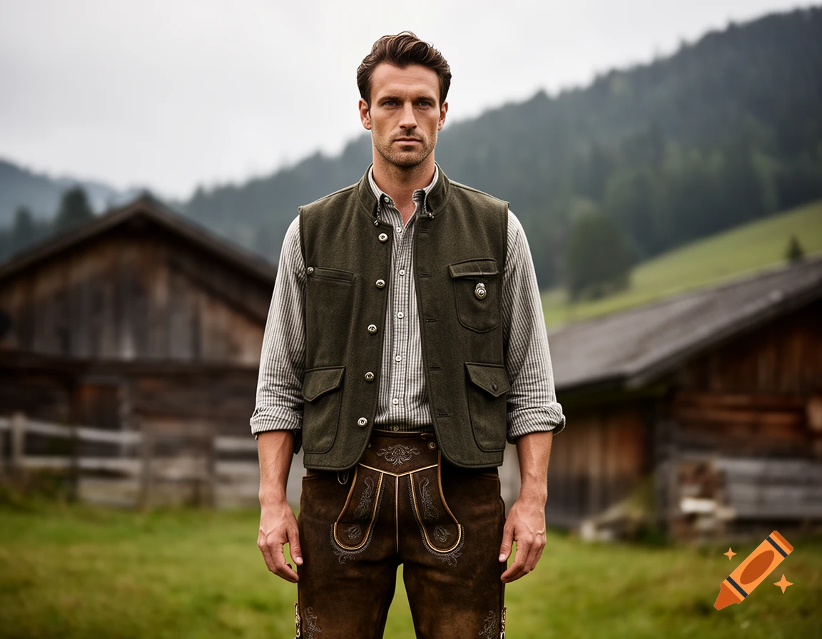 Photorealistic portrait of a handsome man wearing a green vest, striped shirt, and traditional leather trousers outdoors in an alpine setting.