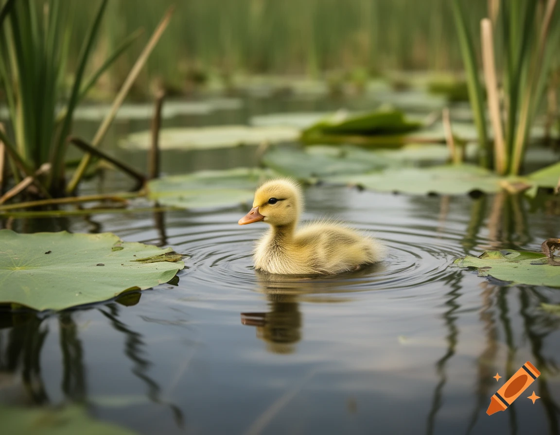 Photorealistic image of a fluffy yellow duckling swimming in a pond surrounded by lily pads and cattails.