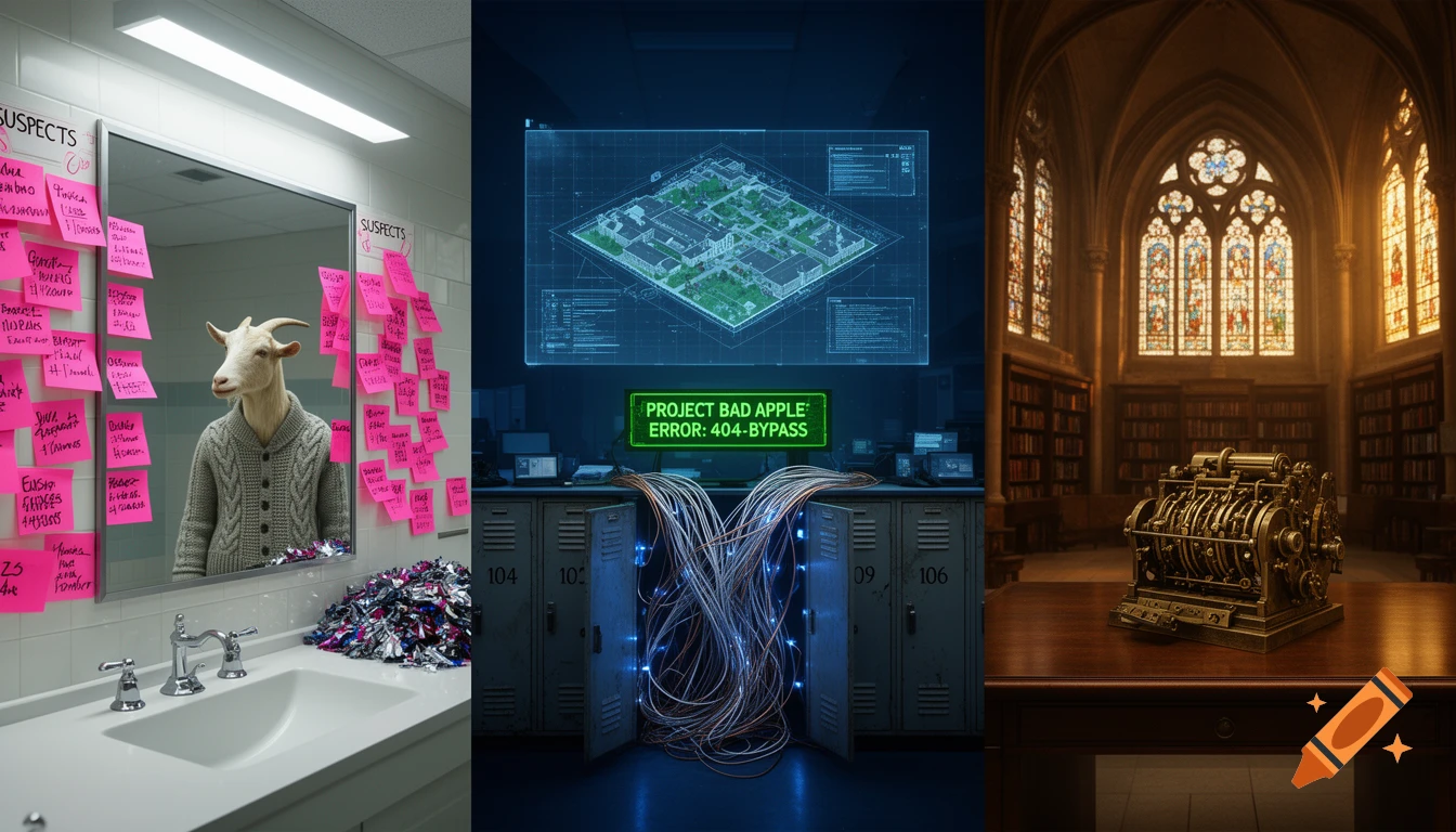 A triptych showing a goat in a cardigan in a school bathroom, a high-tech command center with wires, and a brass puzzle box in a library.