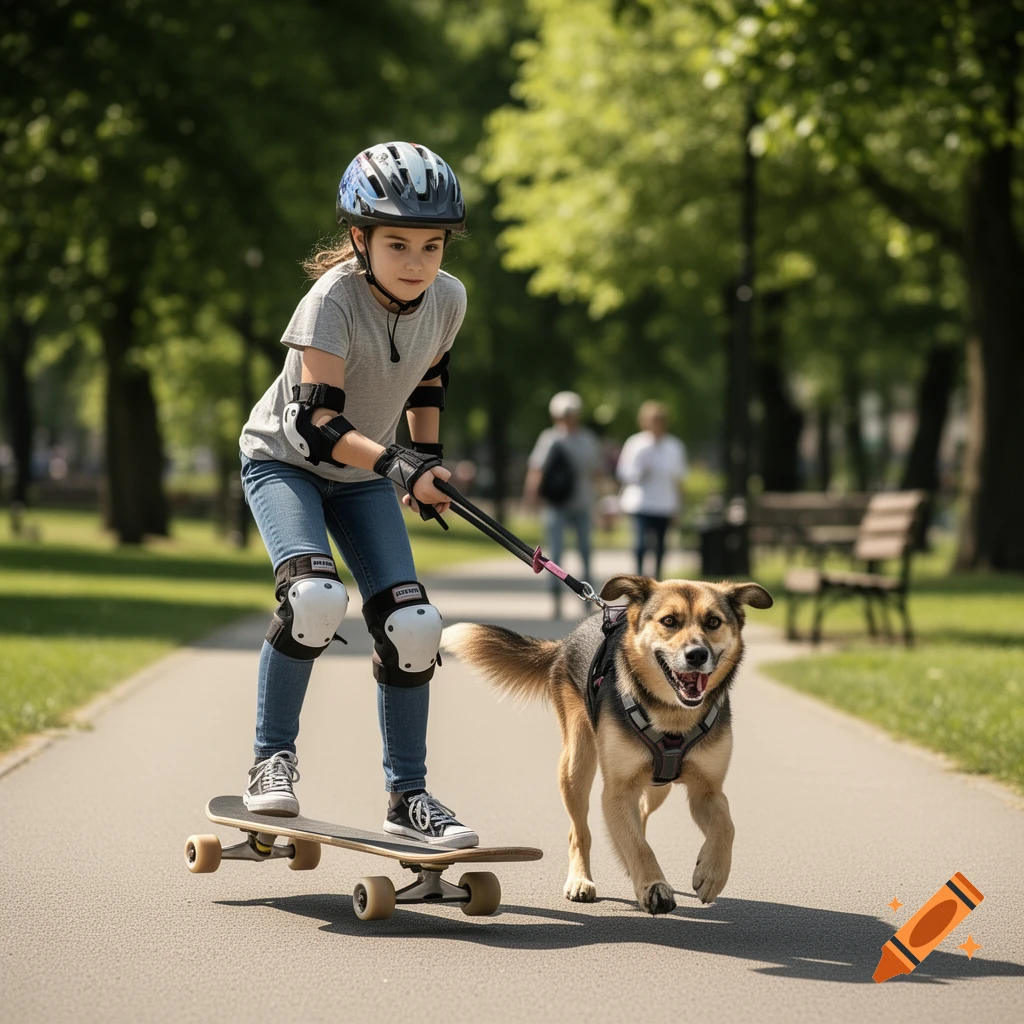 Photorealistic image of a young girl in a helmet and pads riding a skateboard pulled by a dog in a park path.