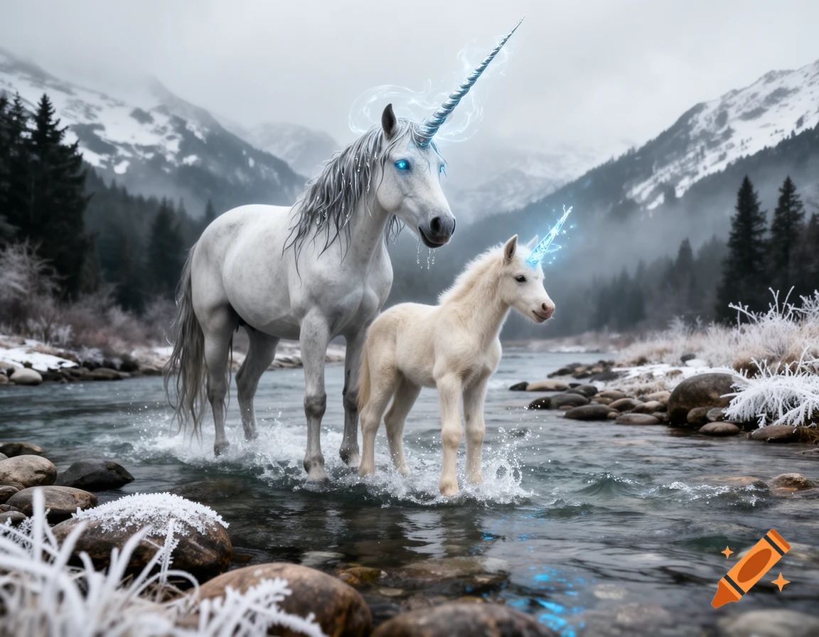 Photorealistic image of a white adult unicorn and its foal standing in a shallow river with a snowy mountain backdrop.