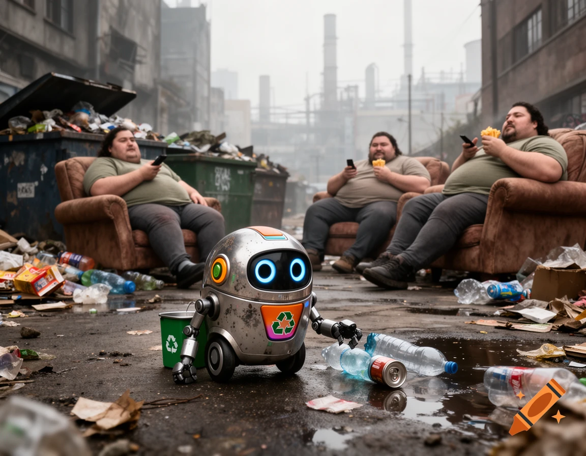 A cute robot cleaning up trash in a ruined industrial city, with lazy people sitting on armchairs in the background. Photorealistic style.