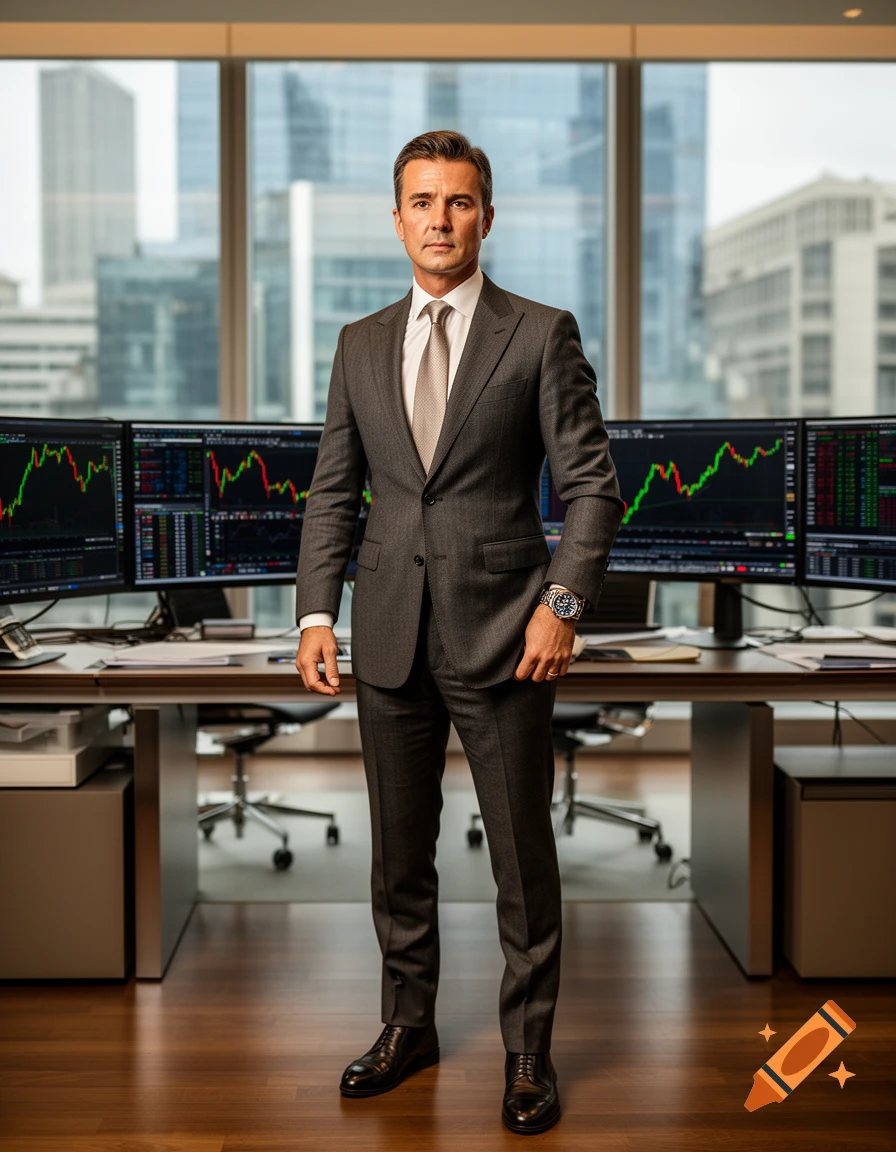 Photorealistic full-body portrait of a wealthy stock broker in a suit standing in an office with multiple monitors displaying stock charts.