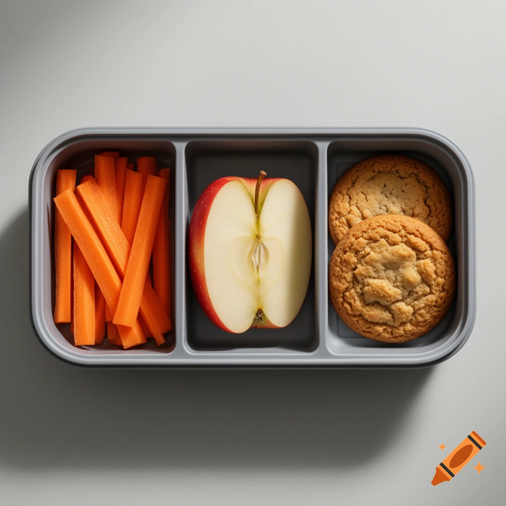 Top-down view of a grey three-compartment lunch box containing carrot sticks, a sliced apple, and two cookies.