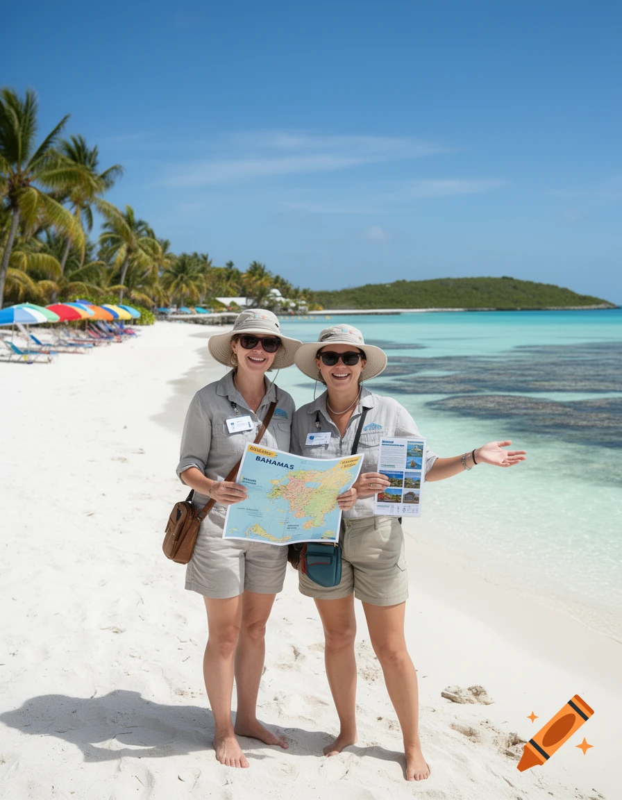 Photorealistic image of two smiling women acting as tour guides in the Bahamas, holding a map on a white sand beach.