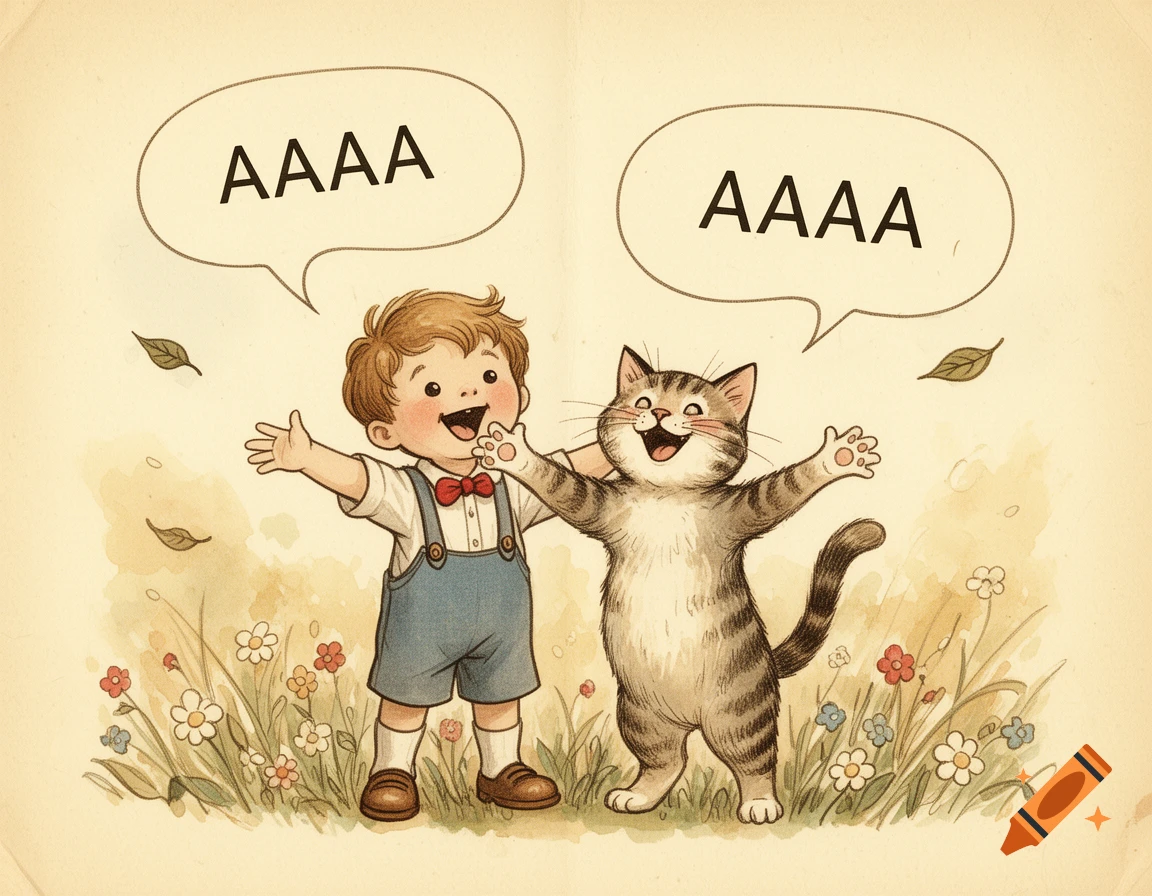Vintage children's book style illustration of a boy and a tabby cat with open arms and speech bubbles saying AAAA in a meadow.