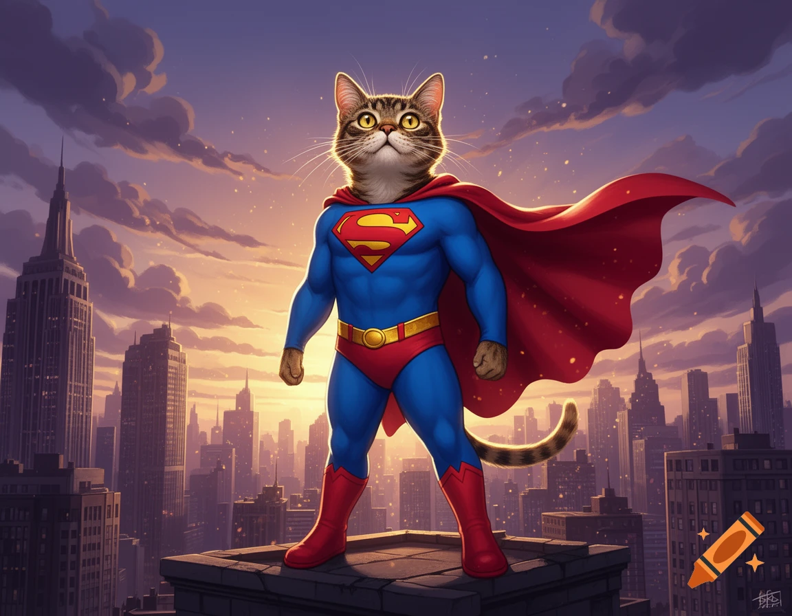 A tabby cat dressed as Superman standing on a city rooftop at sunset in digital illustration style.