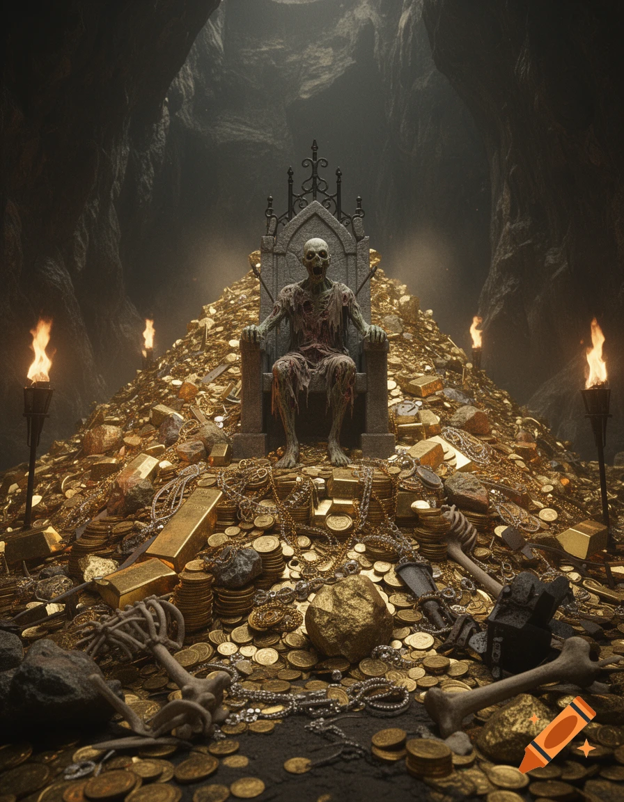 A skeletal creature sits on a stone throne perched atop a massive pile of gold coins and treasures inside a dark cave.