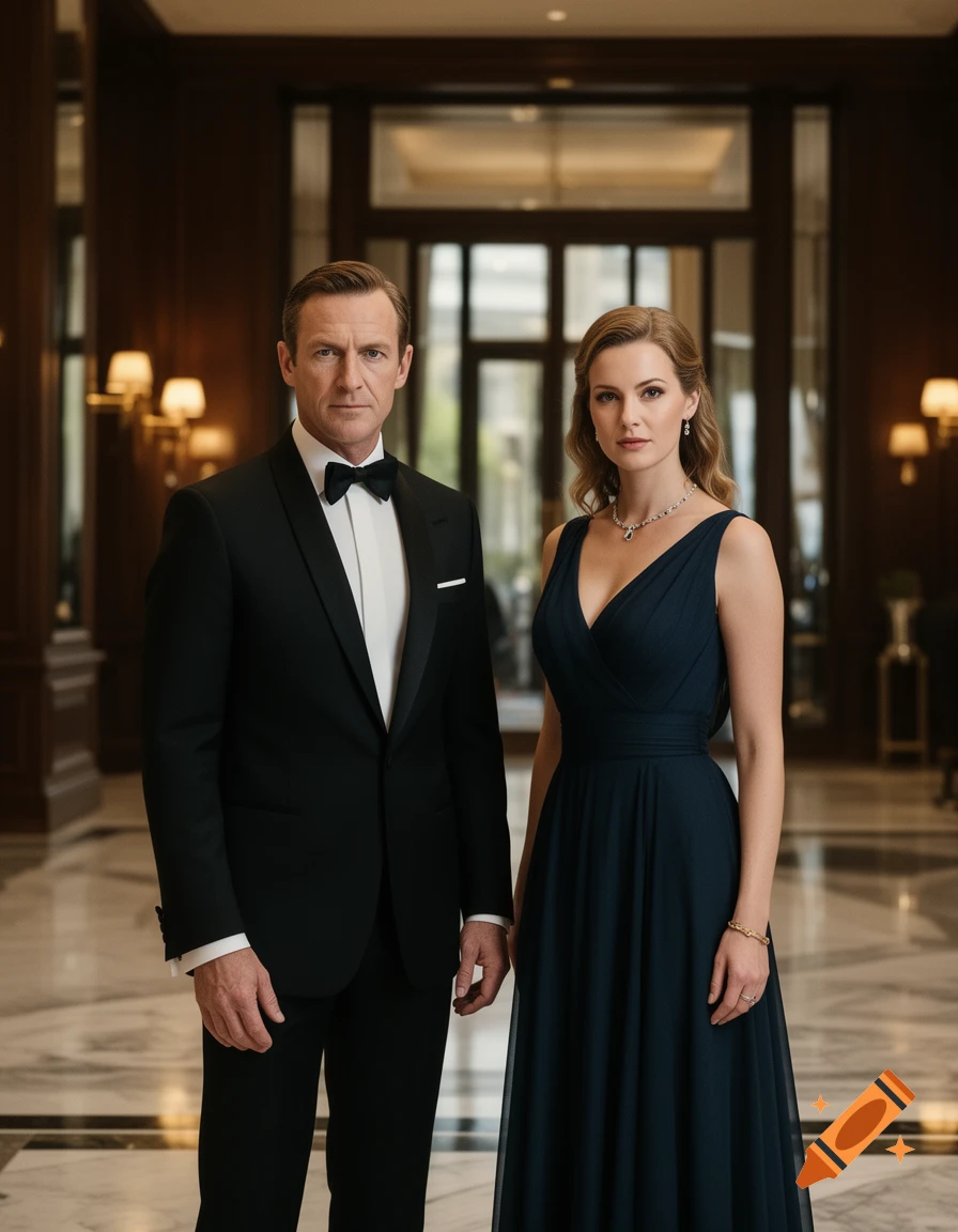 Photorealistic portrait of a man in a black tuxedo and a woman in a dark blue evening gown standing in a luxury hotel lobby.