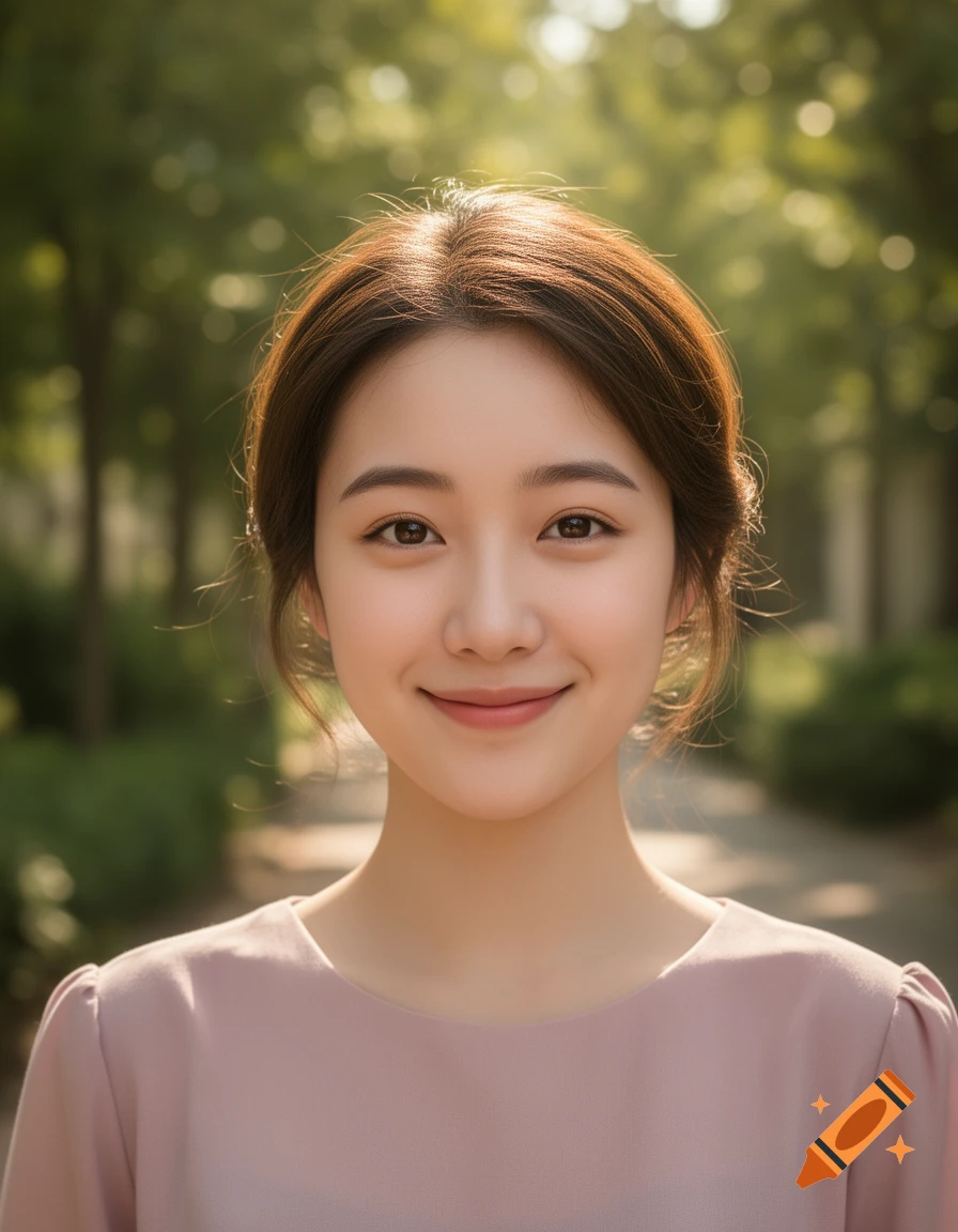 Close-up portrait of a young woman with brown hair smiling gently, set against a blurred park background.