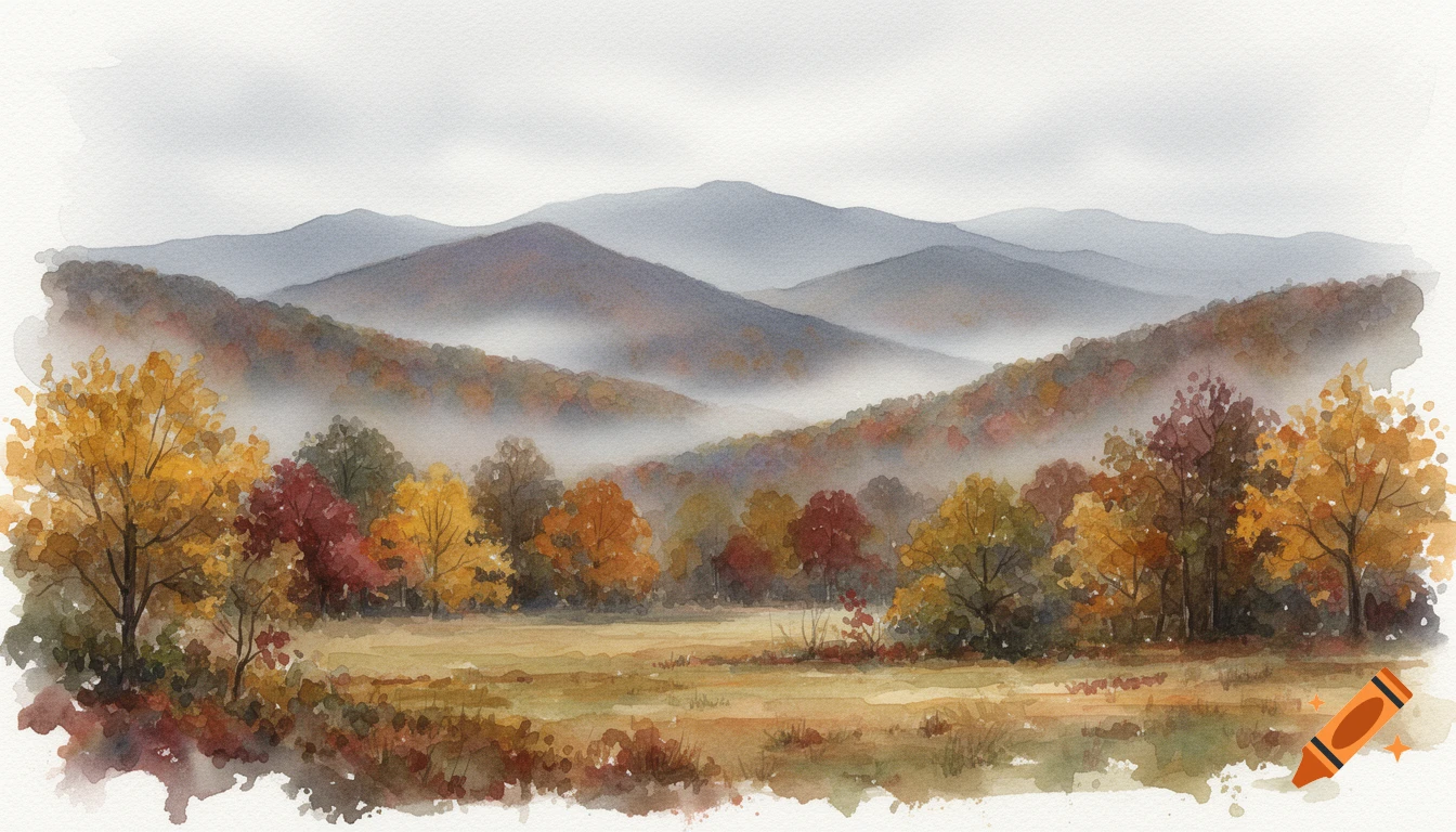 Watercolor landscape painting of the Great Smoky Mountains in autumn with a serene view, rolling hills, and misty valleys.
