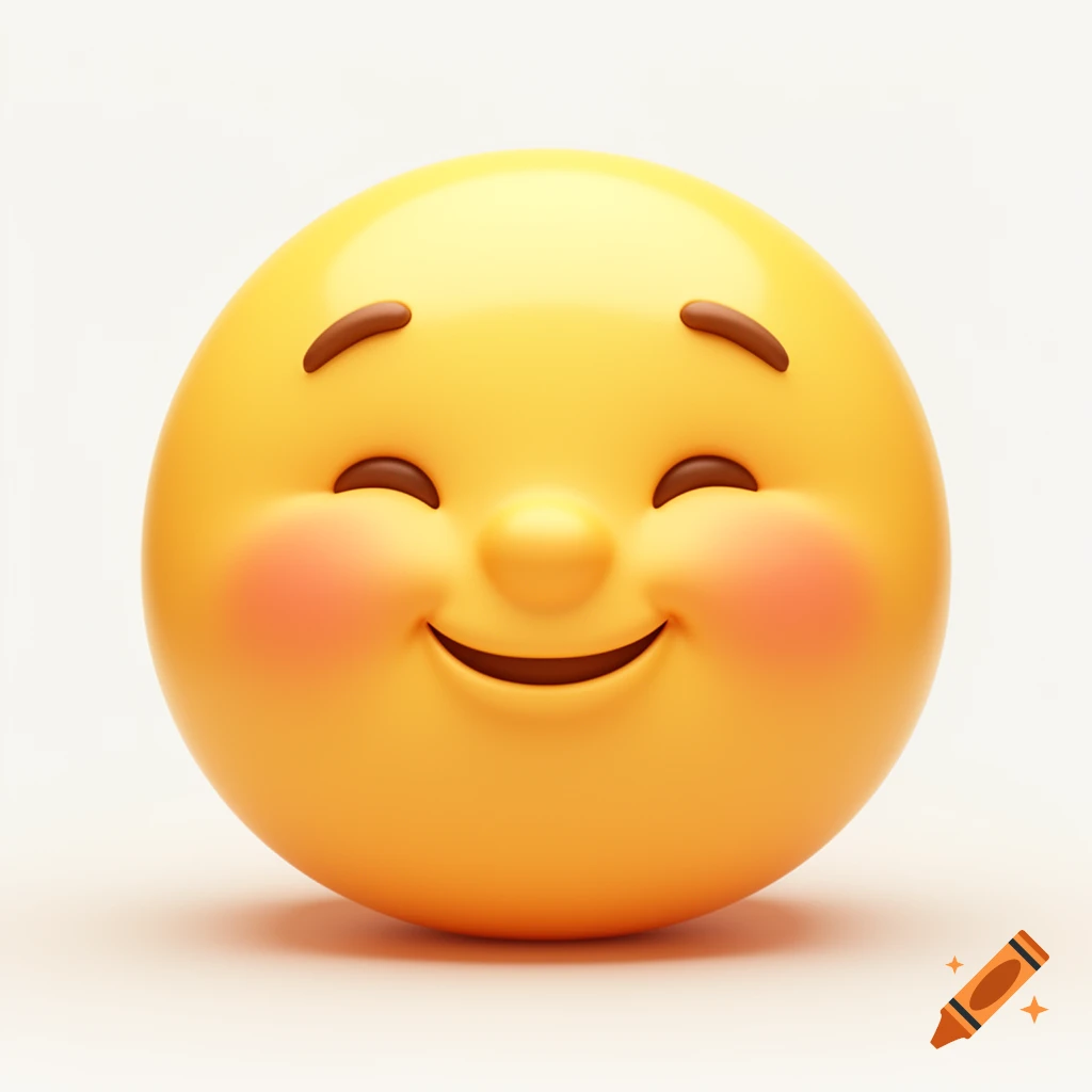 A 3D render of a cute yellow emoji with chubby cheeks and closed smiling eyes on a white background.