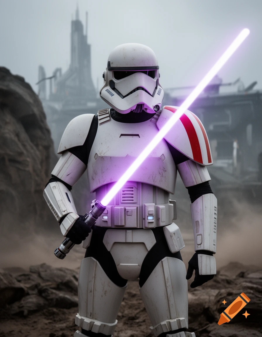 A photorealistic stormtrooper in white armor holding a glowing purple lightsaber on a barren planet with a distant citadel.