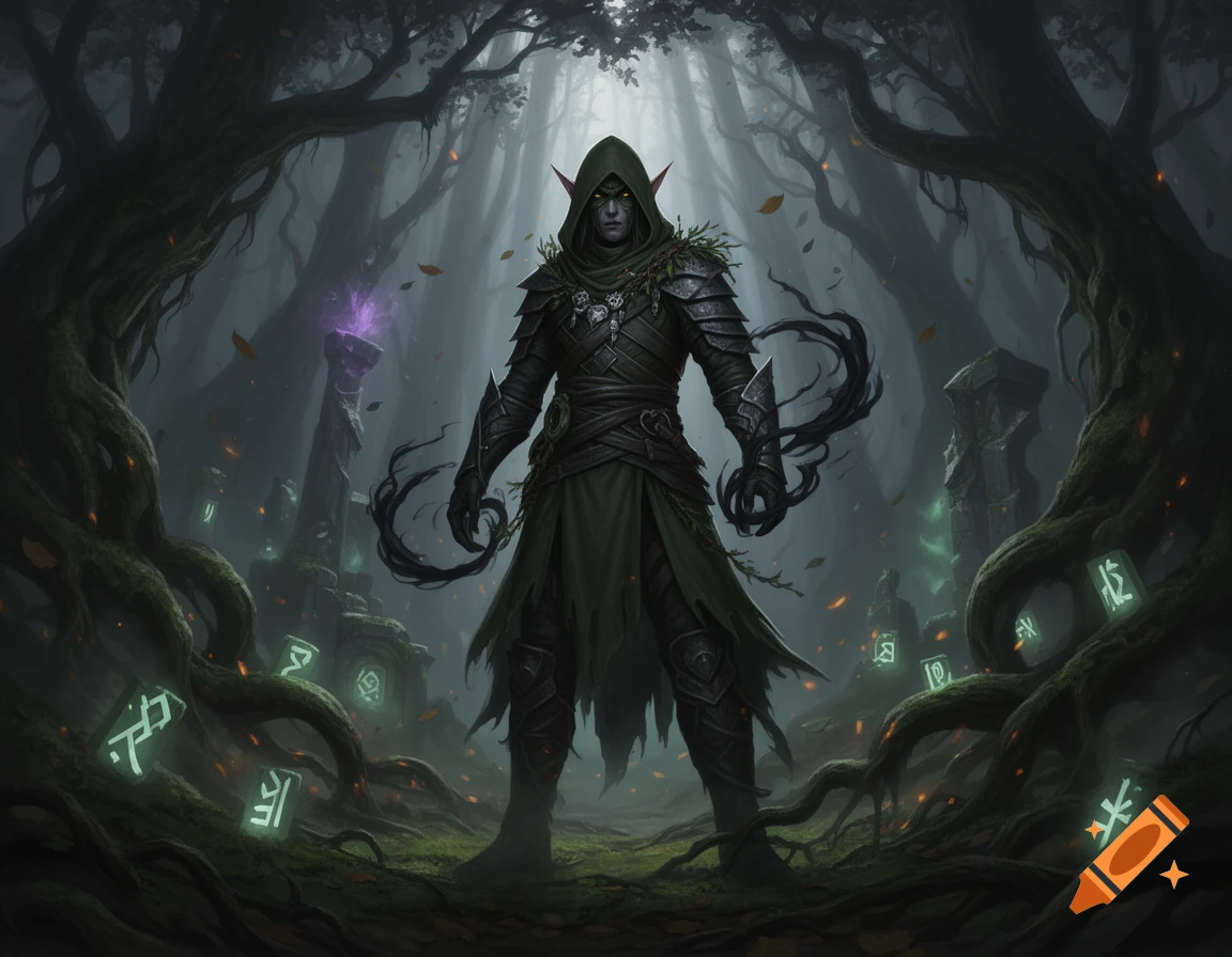 Dark fantasy digital painting of a hooded shadow elf in a misty forest surrounded by glowing runes.