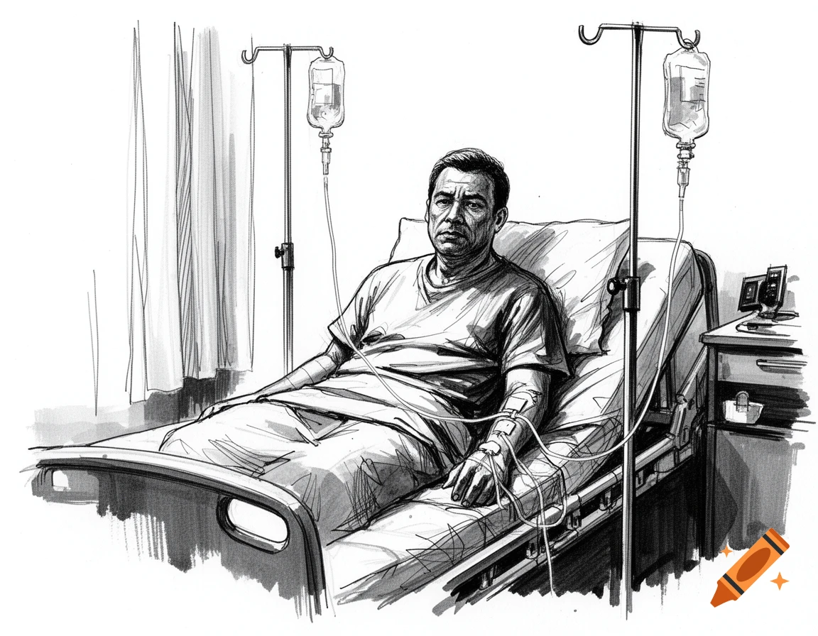 Black and white marker sketch of a man lying in a hospital bed with IV drips attached.