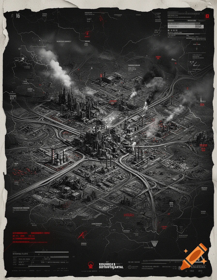 Detailed black and grey map of a dystopian industrial city with roads and smoke.