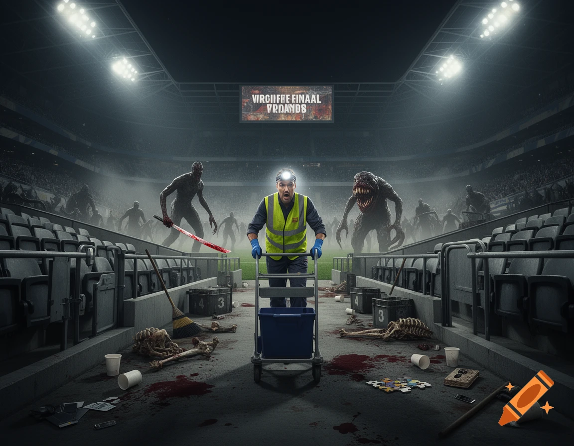 Photorealistic scene of a stadium cleaner with a headlamp pushing a cart down aisles, flanked by scary monsters and bones.