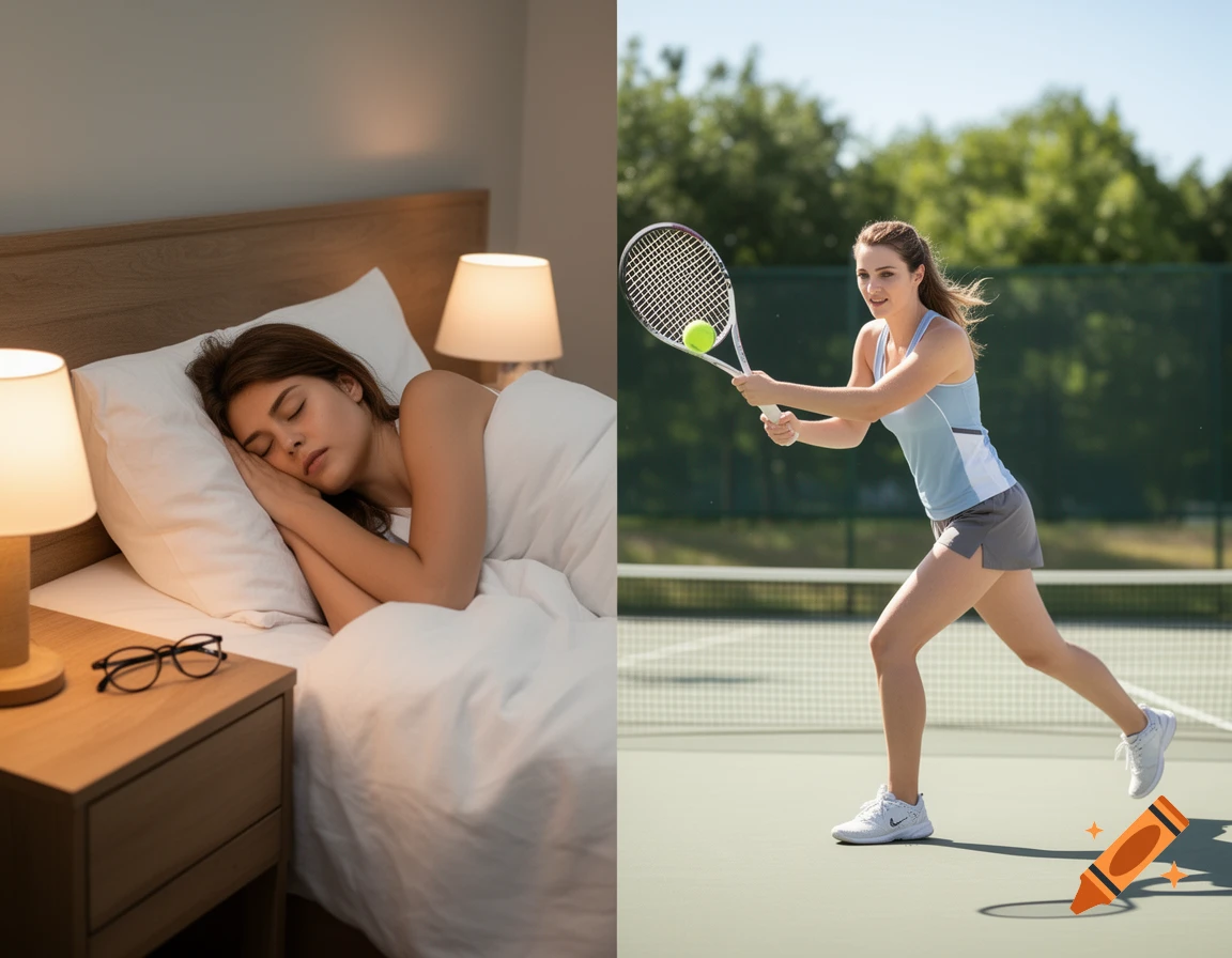 Split image showing a woman sleeping in bed on the left and playing tennis outdoors on the right, photorealistic.