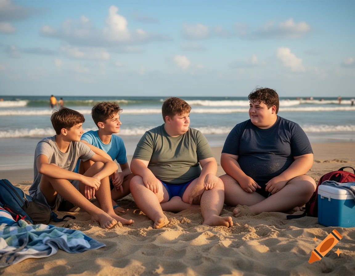 four teenage boys sitting and talking together on a sandy beach by the ocean under a blue sky, photorealistic