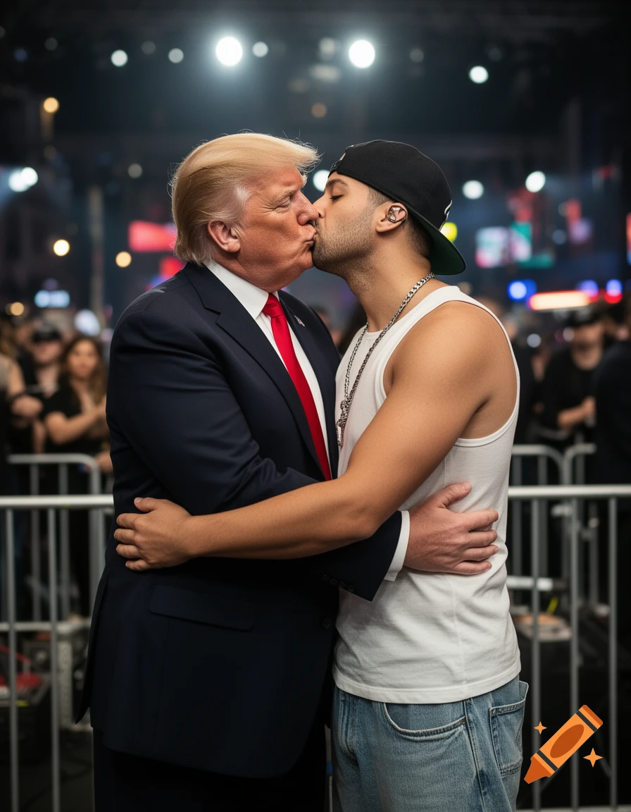 Photorealistic depiction of Donald Trump making out with Slim Shady in a crowded venue.
