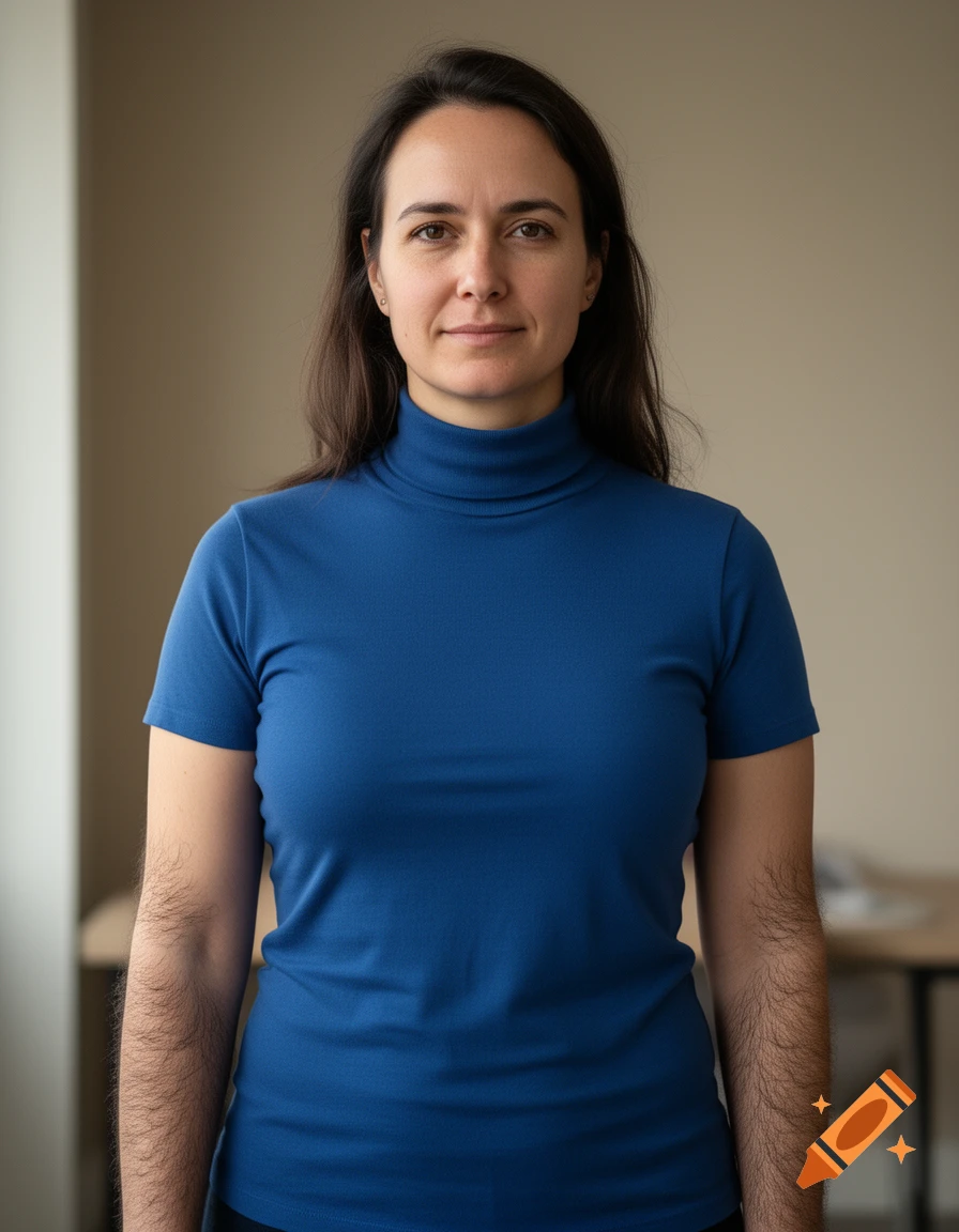 Photorealistic portrait of a woman wearing a blue turtleneck and displaying hairy forearms.