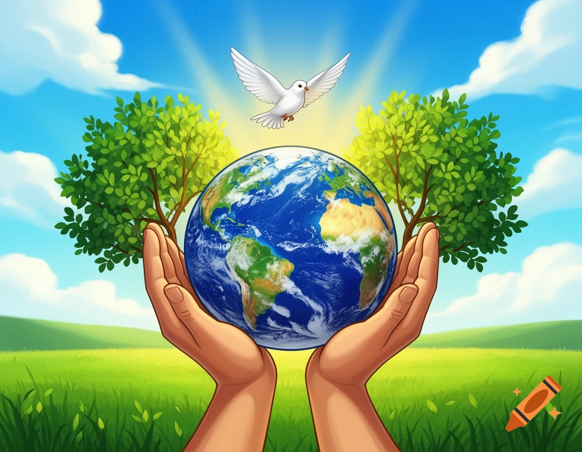 Colorful illustration of two hands gently holding the Earth, with a white dove flying above and green trees in a sunny landscape.