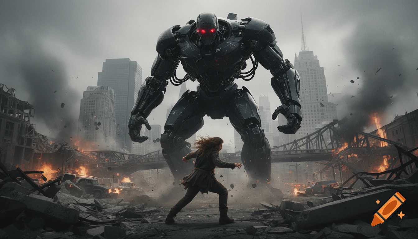 Photorealistic scene of a giant black robot with glowing red eyes fighting a man with long hair amidst a ruined city.