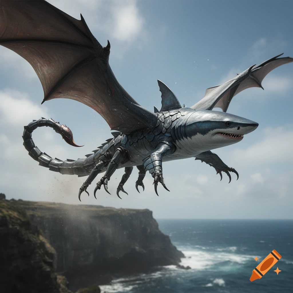 Photorealistic hybrid creature with a shark head, dragon wings, scorpion tail, and multiple legs flying over the ocean.