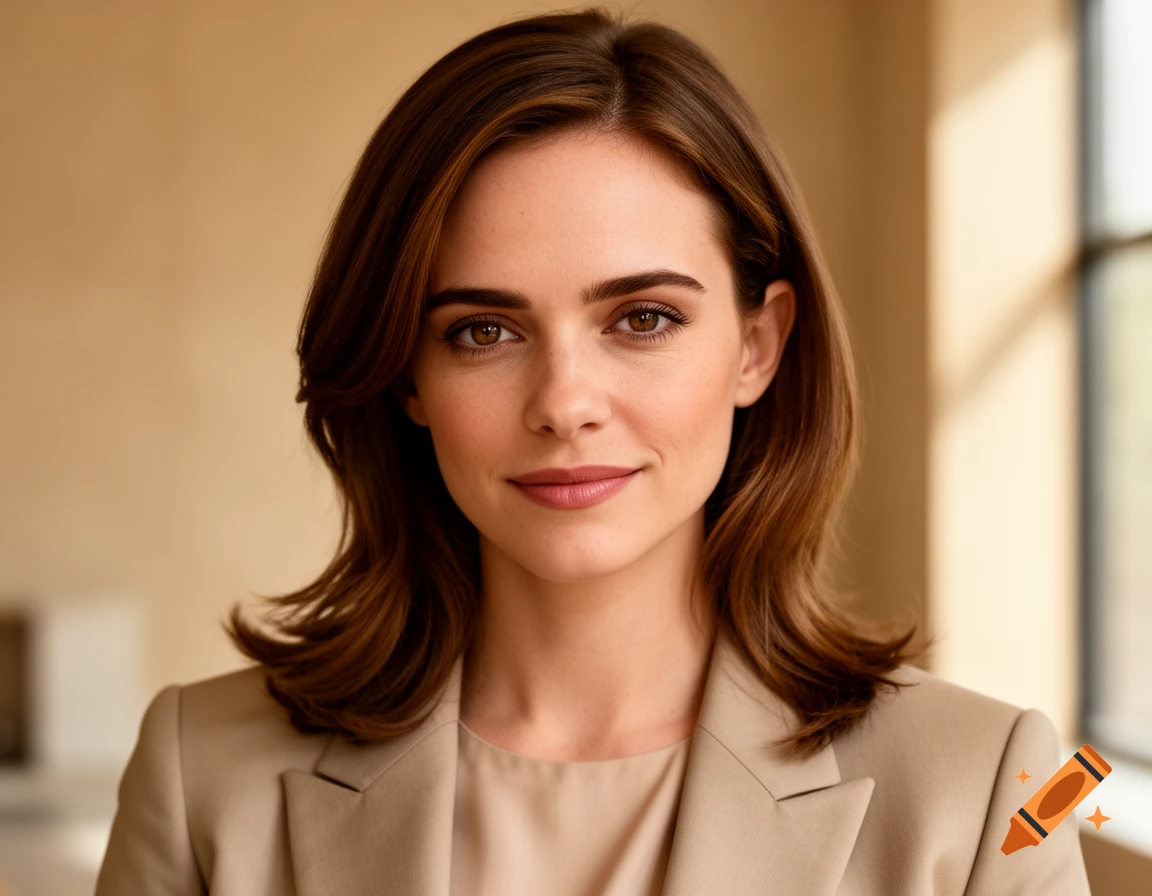 Photorealistic headshot portrait of a smiling woman with brown hair, wearing a beige blazer, indoors.