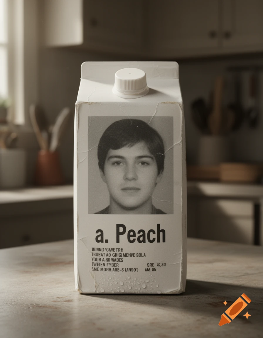 Photorealistic image of a missing person milk carton with a black and white portrait and text reading a. Peach on a kitchen counter.