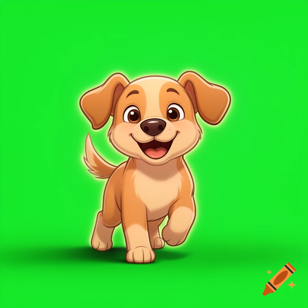 Digital illustration of a cheerful, smiling puppy running against a solid green background.