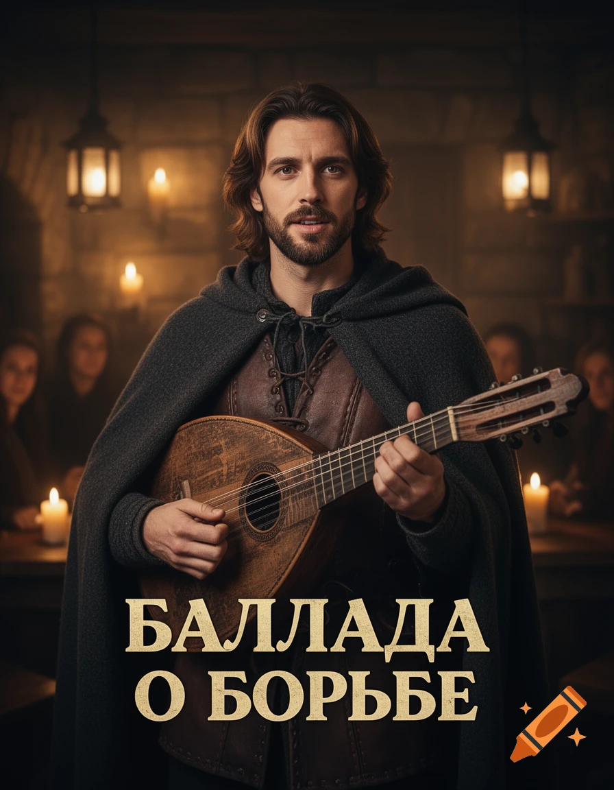 A photorealistic medium shot of a bard with dark hair and a beard, playing a lute in a dimly lit tavern with candles.