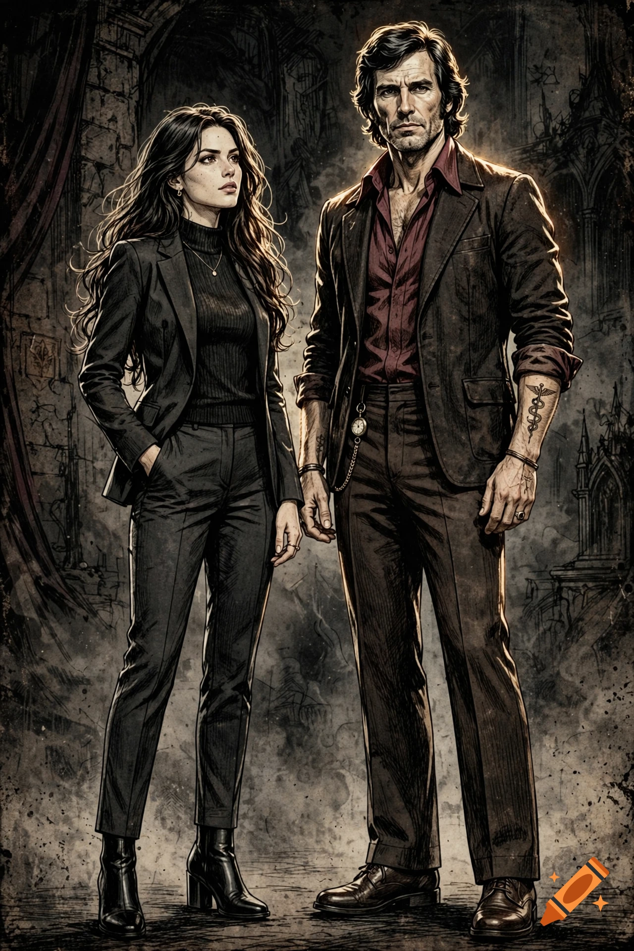Hand-drawn comic book style full-body illustration of a contemporary woman and a 1970s-style man standing side by side in a gothic setting.