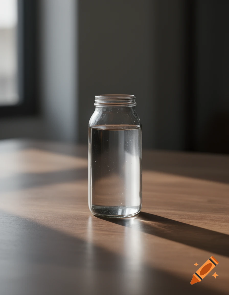 A clear glass jar filled with water sits on a wooden table, illuminated by sunlight coming from a window.