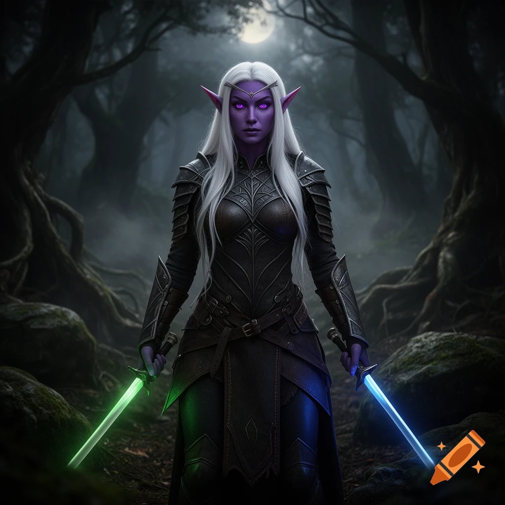 Photorealistic portrait of a dark elf with white hair, purple skin, and glowing violet eyes, holding a green and a blue glowing sword in a dark forest.
