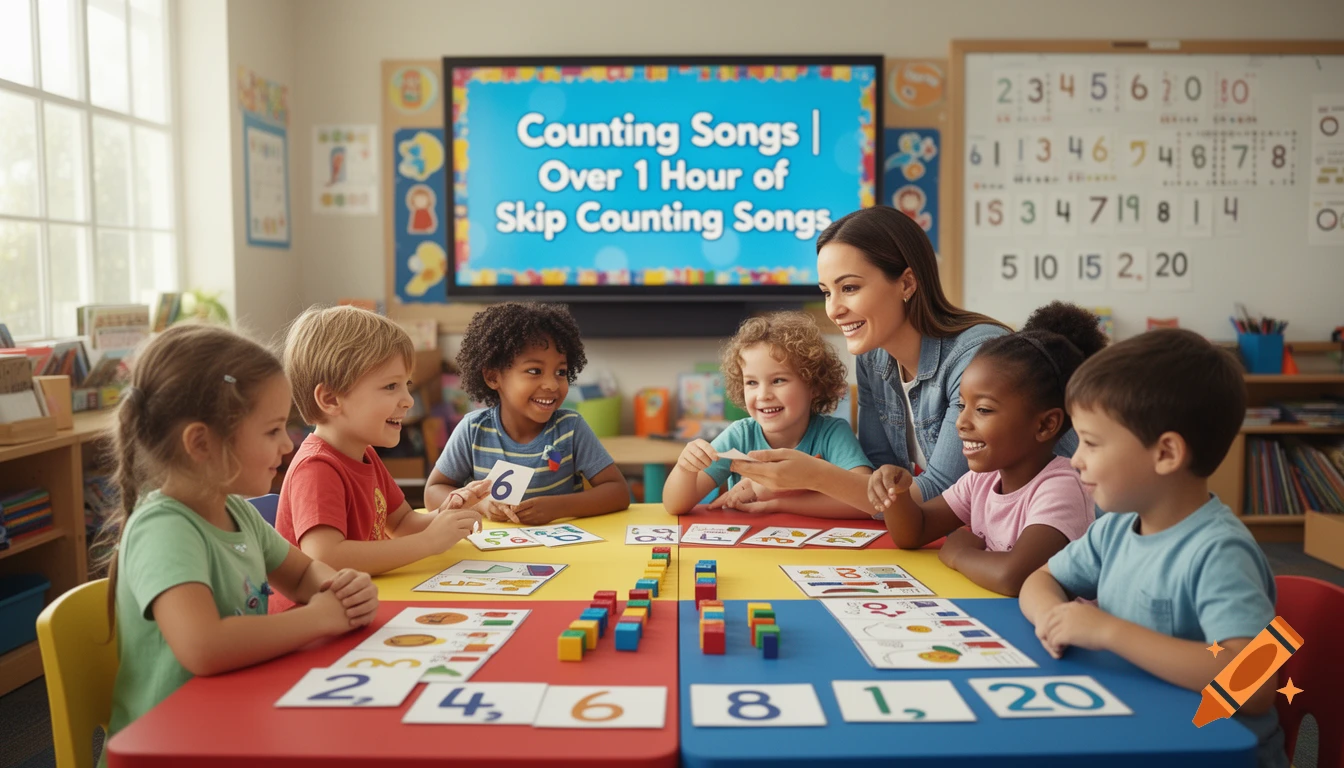 A teacher and diverse group of children smiling and playing with counting blocks and numbers in a brightly lit classroom.
