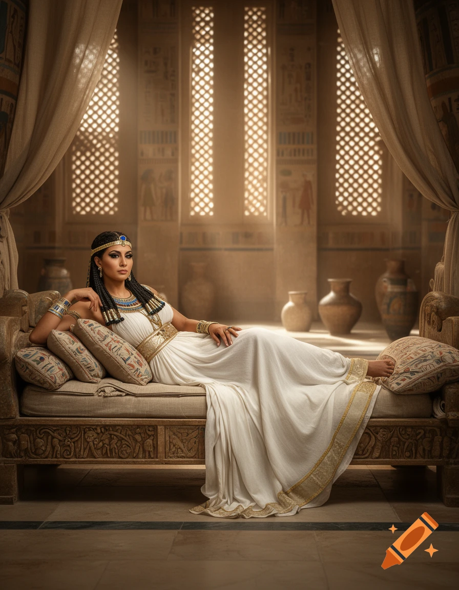 Photorealistic depiction of a woman in ancient Egyptian attire lounging on an ornate daybed in a sunlit palace room.
