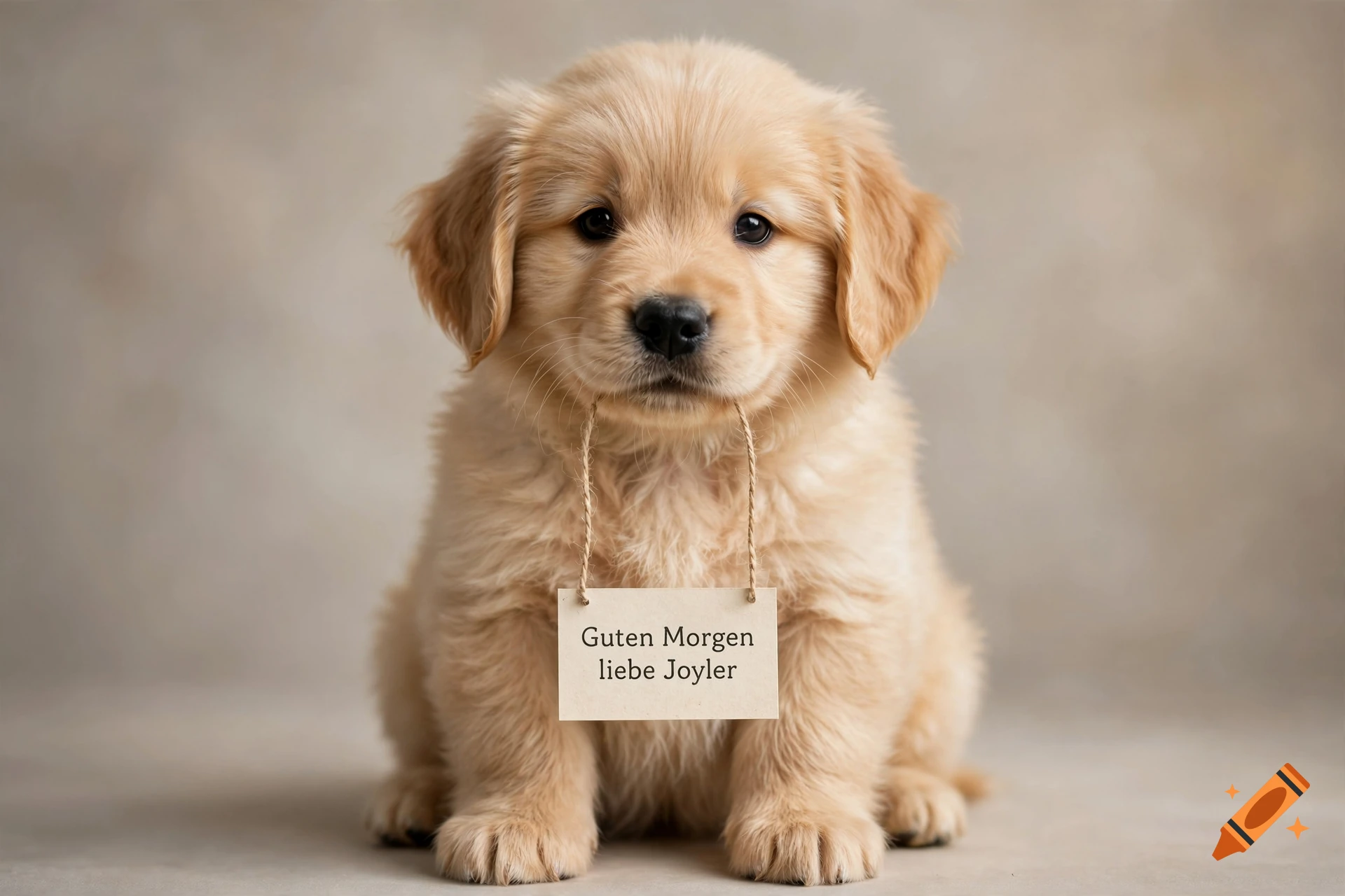Photorealistic golden retriever puppy sitting and holding a small sign with German text in its mouth against a neutral background.