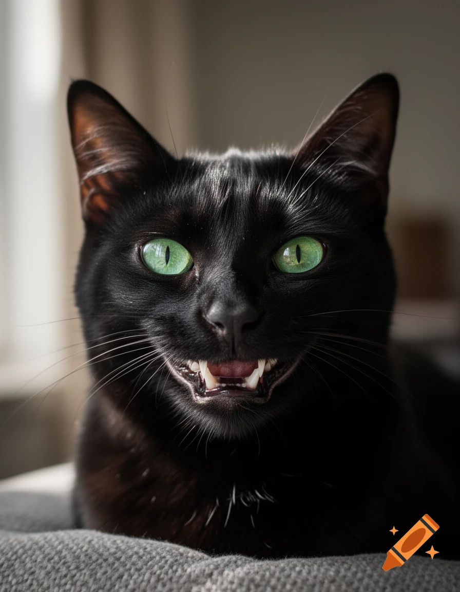 Close-up photorealistic portrait of a black cat with striking green eyes grinning, revealing small teeth.