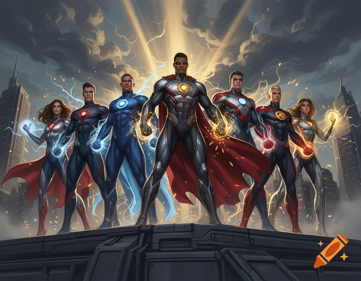 Seven superheroes in futuristic suits standing together on a platform against a city skyline and cloudy sky background.