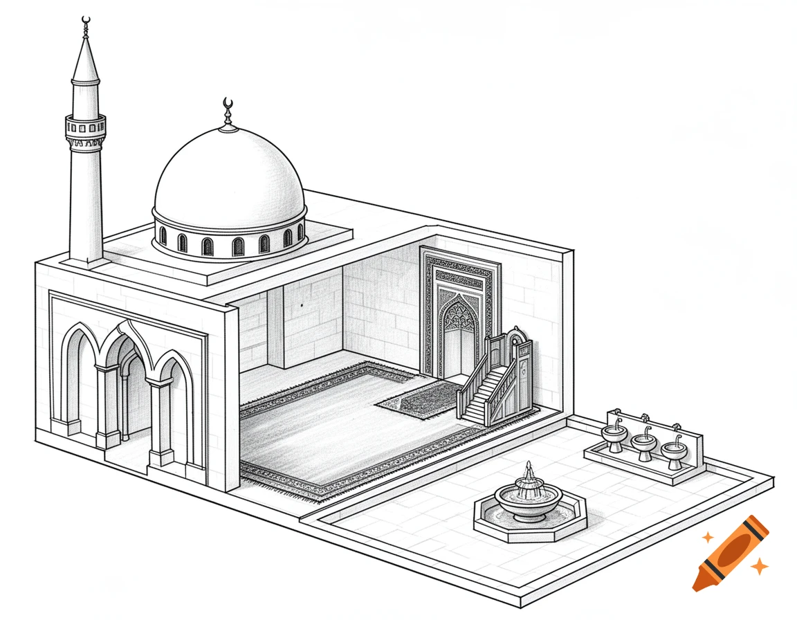 Isometric black and white line sketch of a mosque showing exterior and interior cross-section with prayer hall, courtyard, and ablution area.