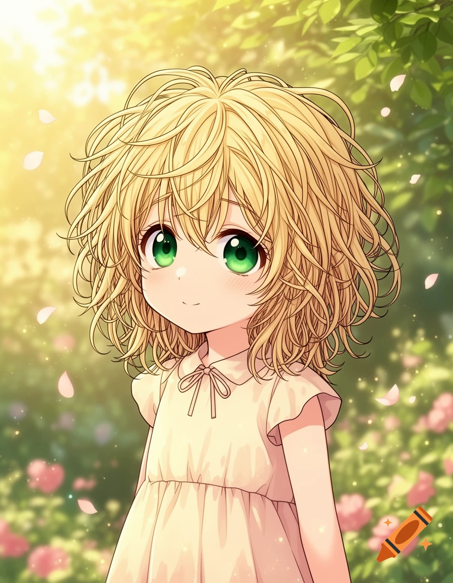 An anime style illustration of a little girl with blonde messy hair and bright green eyes, wearing a pale dress in a sunlit garden.