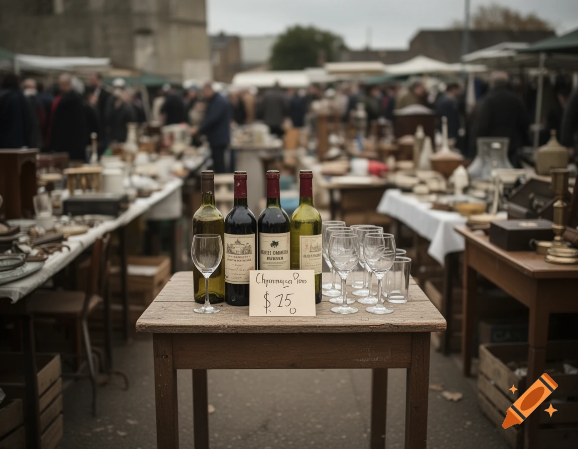 Photorealistic shot of a small wooden table at a flea market holding wine bottles, empty glasses, and a handwritten price sign.